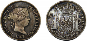 SPAIN Isabel II 1867 1 ESCUDO SILVER Kingdom, Madrid Mint 12.93g KM#626.1