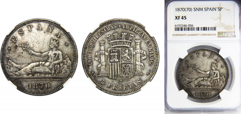 SPAIN Provisional Government and I Republic 1870 5 PESETAS Silver NGC Centenary ...