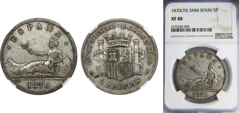 SPAIN Provisional Government and I Republic 1870 5 PESETAS Silver NGC Centenary ...