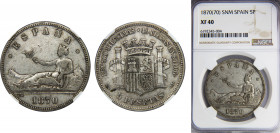 SPAIN Provisional Government and I Republic 1870 5 PESETAS Silver NGC Centenary of the Peseta *18-70 SNM KM# 655