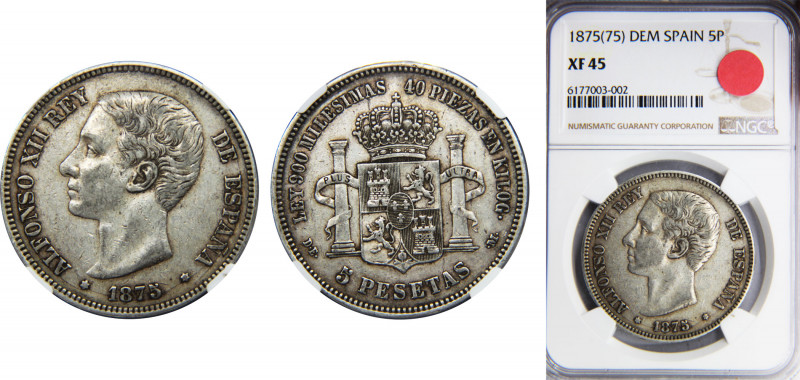 SPAIN Alfonso XII 1875 5 PESETAS Silver NGC Centenary of the Peseta *18-75 DEM K...