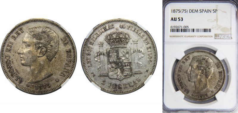 SPAIN Alfonso XII 1875 5 PESETAS Silver NGC Centenary of the Peseta *18-75 DEM K...