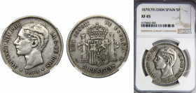 SPAIN Alfonso XII 1879 5 PESETAS Silver NGC Centenary of the Peseta *18-79 EMM KM# 676