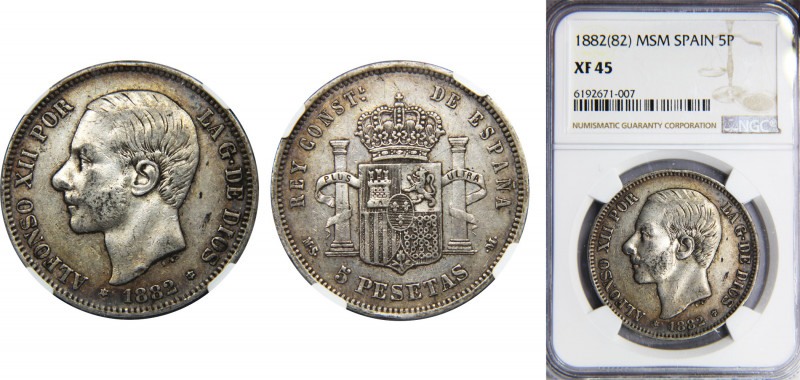 SPAIN Alfonso XII 1882 5 PESETAS Silver NGC Centenary of the Peseta *18-82 MSM K...