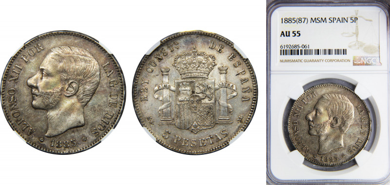 SPAIN Alfonso XII 1885 5 PESETAS Silver NGC Centenary of the Peseta *18-87 MSM K...