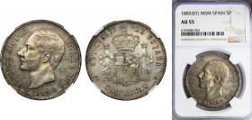 SPAIN Alfonso XII 1885 5 PESETAS Silver NGC Centenary of the Peseta *18-87 MSM KM# 688