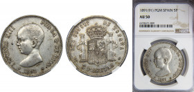 SPAIN Alfonso XIII 1891 5 PESETAS Silver NGC Centenary of the Peseta *18-91 PGM KM# 689, Cal# 12