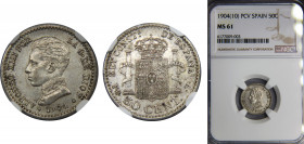 SPAIN Alfonso XIII 1904 50 CENTIMOS Silver NGC Centenary of the Peseta *1-0 PCV KM# 723