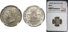 SPAIN Alfonso XIII 1904 50 CENTIMOS Silver NGC Centenary of the Peseta *0-4 SMV KM# 723