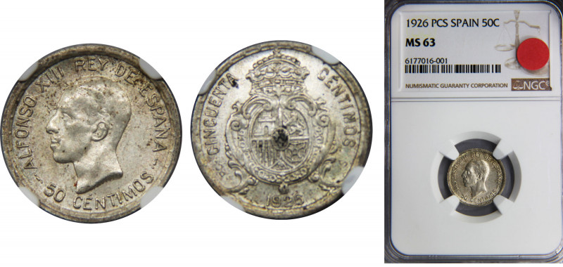 SPAIN Alfonso XIII 1926 50 CENTIMOS Silver NGC Centenary of the Peseta PCS KM# 7...