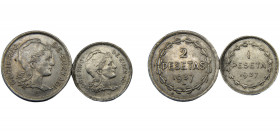 SPAIN 1937 1 PESETA, 2 PESETAS NICKEL Civil War,Euzkadi,2 Lots,Brussels Mint 4.11/8.11g KM# 1, KM# 2