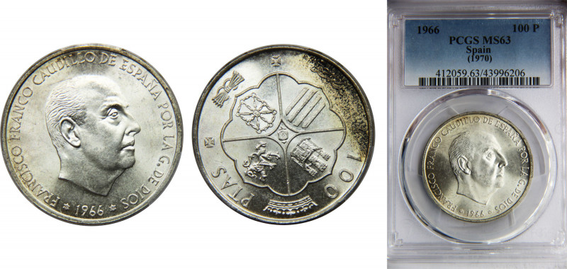 SPAIN Francisco Franco Caudillo 1966 100 PESETAS Silver PCGS Spanish State, *19-...