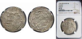 SPAIN Philip II 1556-98 4 REALES Silver NGC Toledo T (M in circle)