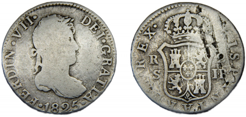 SPAIN Fernando VII 1825 S JB 2 REALES SILVER Kingdom, Seville Mint 5.56g KM#460....