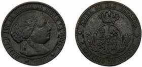 SPAIN Isabel II 1868 OM 1 CENTIMO DE ESCUDO BRONZE Kingdom, Seville Mint 2.47g KM#633.5