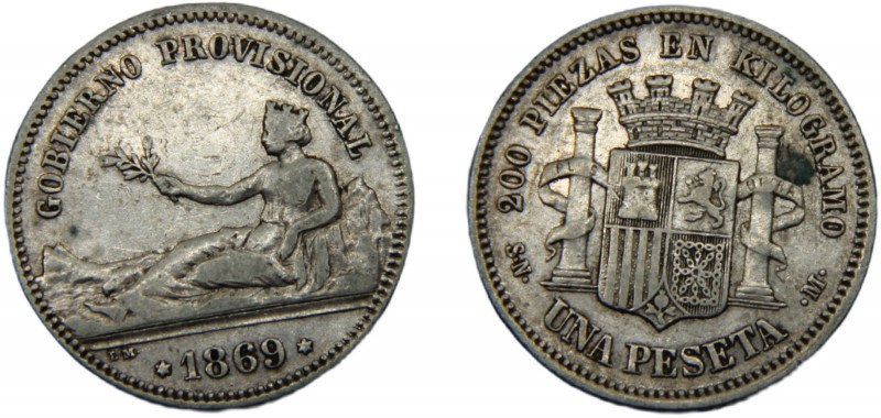 SPAIN 1869 SN-M 1 PESETA SILVER Provisional Government, Madrid Mint 4.99g KM# 65...