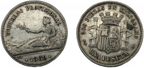 SPAIN 1869 SN-M 1 PESETA SILVER Provisional Government, Madrid Mint 4.99g KM# 652