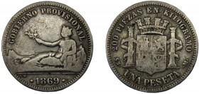 SPAIN 1869 SN-M 1 PESETA SILVER Provisional Government, Madrid Mint 4.72g KM# 652