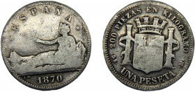 SPAIN 1870(73) DE-M 1 PESETA SILVER Provisional Government, Madrid Mint 4.66g KM# 653
