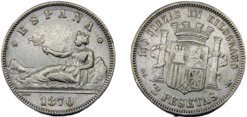 SPAIN 1870(73) DEM 2 PESETAS SILVER Provisional Government, Madrid Mint 9.75g KM...
