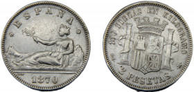 SPAIN 1870(73) DEM 2 PESETAS SILVER Provisional Government, Madrid Mint 9.75g KM# 654
