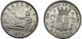 SPAIN 1870(74) DEM 2 PESETAS SILVER Provisional Government, Madrid Mint 9.9g KM# 654