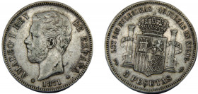 SPAIN Amadeo I 1871(75) DEM 5 PESETAS SILVER Kingdom, Madrid Mint 24.76g KM# 666