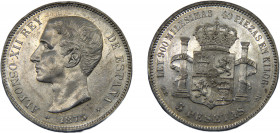 SPAIN Alfonso XII 1875 DEM 5 PESETAS SILVER Kingdom, 1st portrait, Madrid Mint 24.88g KM# 671