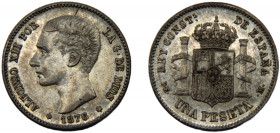 SPAIN Alfonso XII 1876 DEM 1 PESETA SILVER Kingdom, 1st portrait, Madrid Mint 4.97g KM# 672
