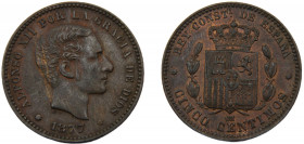 SPAIN Alfonso XII 1877 OM 5 CENTIMOS BRONZE Kingdom, Barcelona Mint 4.98g KM# 674