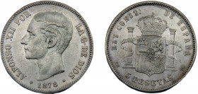 SPAIN Alfonso XII 1878 EMM 5 PESETAS SILVER Kingdom, 2nd portrait, Madrid Mint 24.87g KM# 676