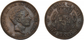 SPAIN Alfonso XII 1878 OM 10 CENTIMOS BRONZE Kingdom, Barcelona Mint 10.24g KM# 675