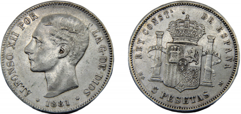 SPAIN Alfonso XII 1881 MSM 5 PESETAS SILVER Kingdom, 2nd portrait, Madrid Mint 2...