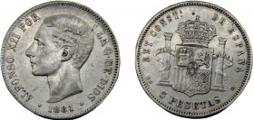 SPAIN Alfonso XII 1881 MSM 5 PESETAS SILVER Kingdom, 2nd portrait, Madrid Mint 24.7g KM# 676