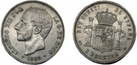 SPAIN Alfonso XII 1882 MSM 5 PESETAS SILVER Kingdom, 3rd portrait, Madrid Mint, *18-81 24.79g KM# 688