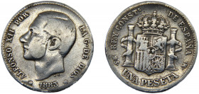 SPAIN Alfonso XII 1883 MSM 1 PESETA SILVER Kingdom, 2nd portrait, Madrid Mint 4.81g KM# 686
