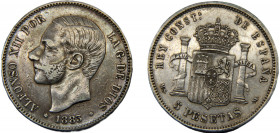 SPAIN Alfonso XII 1883 MSM 5 PESETAS SILVER Kingdom, 3rd portrait, Madrid Mint 25.03g KM# 688