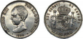 SPAIN Alfonso XIII 1888 MPM 5 PESETAS SILVER Kingdom, 1st portrait, Madrid Mint 25.2g KM# 689
