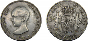 SPAIN Alfonso XIII 1889 MSM 5 PESETAS SILVER Kingdom, 1st portrait, Seville Mint, Counterfeit Epoch 24.22g KM# 689