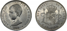 SPAIN Alfonso XIII 1890 PGM 5 PESETAS SILVER Kingdom, 1st portrait, Madrid Mint 24.78g KM# 689