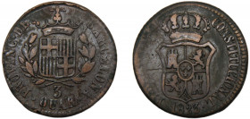 SPANISH STATES Catalonia Fernando VII 1823 3 QUARTOS COPPER Principality, Barcelona Mint 6.89g KM# 80