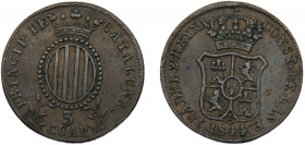 SPANISH STATES Catalonia Isabel II 1844 3 CUARTOS COPPER Principality, Barcelona Mint 6.92g KM# 126