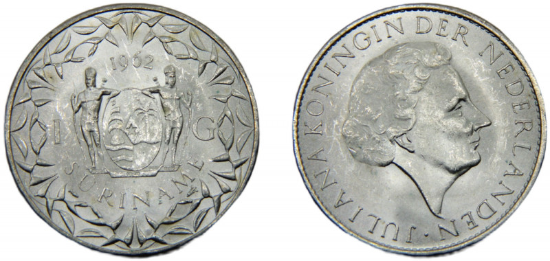 SURINAME Juliana 1962 1 GULDEN SILVER Portrait Queen Juliana of the Netherlands ...