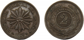 URUGUAY 1869 A 2 CENTÉSIMOS BRONZE Oriental Republic, Paris Mint 10.22g KM# 12