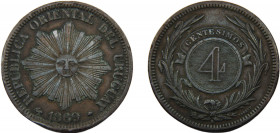 URUGUAY 1869 A 4 CENTÉSIMOS BRONZE Oriental Republic, Paris Mint 19.93g KM# 13