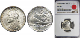 VATICAN CITY 1940 5 LIRE Silver NGC Pivs XII, Saint Peter in a small boat on violent waters KM# 28