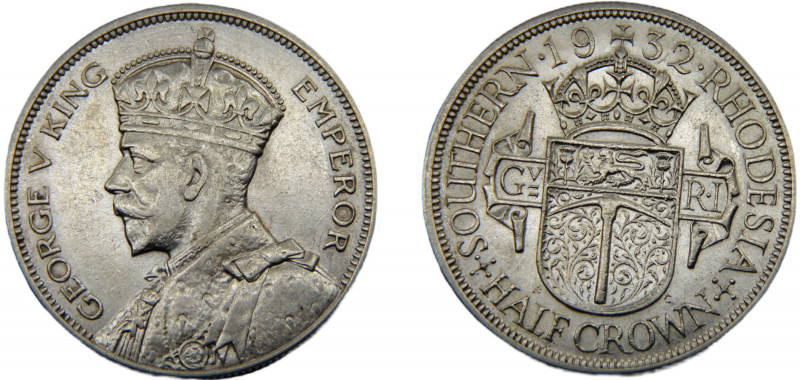ZIMBABWE George V 1932 1/2 CROWN SILVER Southern Rhodesia, Crowned head of King ...