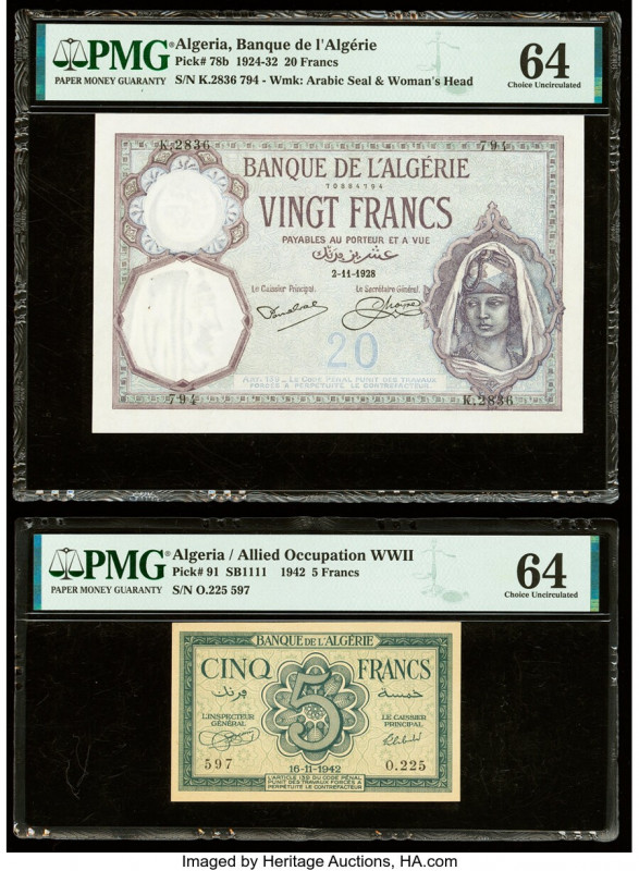 Algeria Banque de l'Algerie 20; 5 Francs 2.11.1928; 16.11.1942 Pick 78b; 91 Two ...