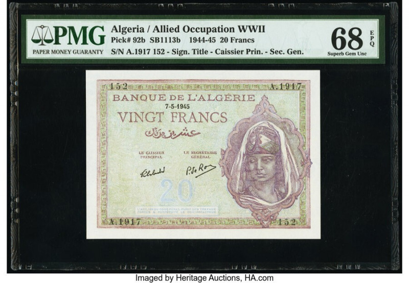 Algeria Banque de l'Algerie 20 Francs 7.5.1945 Pick 92b PMG Superb Gem Unc 68 EP...
