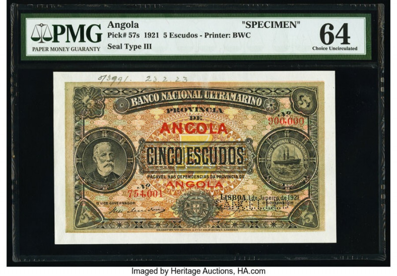 Angola Banco Nacional Ultramarino 5 Escudos 1.1.1921 Pick 57s Specimen PMG Choic...
